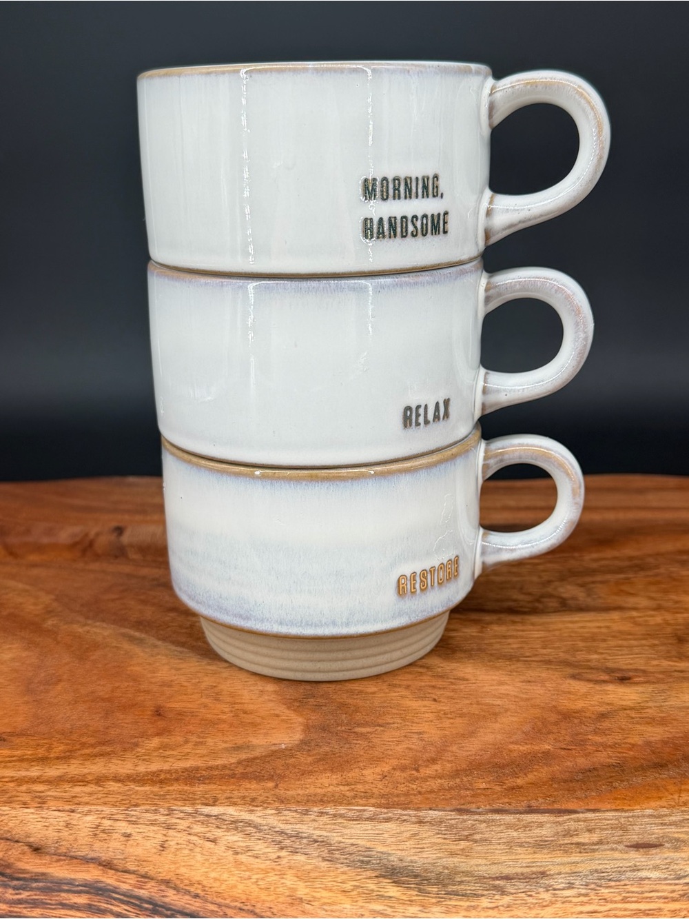 Hearth & Hand Cream and Tan Stackable Ceramic Mug Trio with Motivational Words